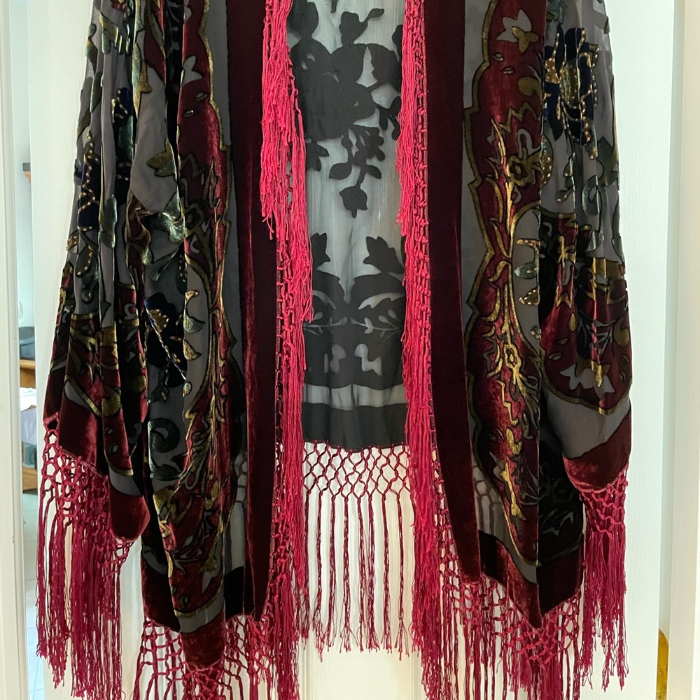 Exotic sheer, cut velvet, beaded sleeved shawl